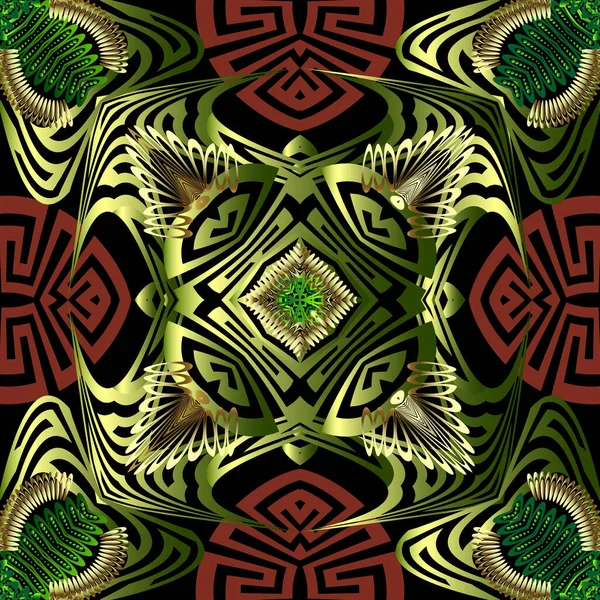 Padrão sem emenda vetor bonito abstrato 3d grego. Fundo floral ornamental. Repetir fundo geométrico colorido. Ornate grego chave meandros ornamento. Estilo étnico tribal flores, folhas, formas — Vetor de Stock