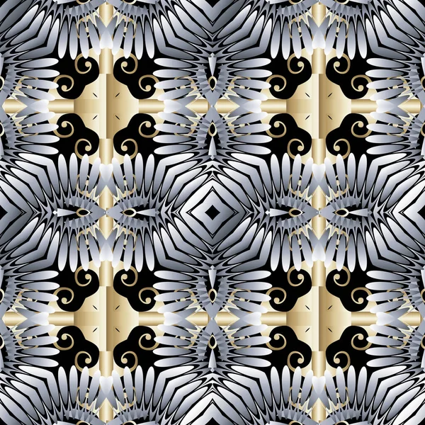 ギリシャの3Dベクトルシームレスパターン。美しい背景を並べ替えます。現代の民族的背景を繰り返す。抽象的な花、葉、波、形。対称な表面装飾。エンドレスエレガントなデザイン — ストックベクタ