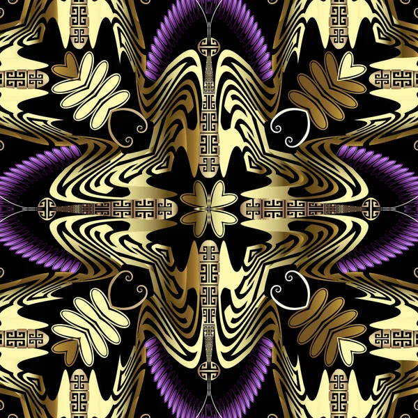 Ornamental griego 3d vector patrón sin costura. Hermoso fondo adornado. Fondo tribal étnico repetitivo moderno. Mariposas abstractas de oro, flores, formas. Adornos de lujo. Para tarjetas, fondos de pantalla — Archivo Imágenes Vectoriales