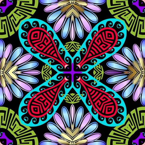 Padrão sem emenda bonito vetor floral grego. Fundo ornamental. Repetir fundo geométrico colorido. Ornate grego chave meandros ornamento. Estilo étnico tribal flores de camomila, folhas, formas — Vetor de Stock