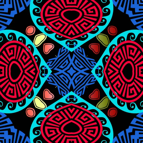 Magnifique motif floral vecteur grec sans couture. Fond ornemental. Fond géométrique répétitif coloré. Ornement des méandres clés grecs abstraits. Fleurs de style tribal ethnique, vagues, formes, coeur d'amour — Image vectorielle