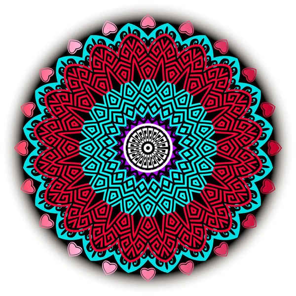 Padrão de mandala vetorial de amor colorido. Ornamental moderno fundo grego. Ornamento vintage redondo com design meandro chave grega. Estilo étnico tribal flores abstratas, corações de amor, quadros, formas — Vetor de Stock