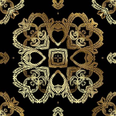 Kalıplı altın desenli çiçek deseni. Yüzeyde duvar halısı var. Antika işlemeli Barok süsü. İşlenmiş altın çiçekler, yapraklar. Dikiş zigzag çizgileri. Grunge dokusu. Dekorasyon tasarımı.