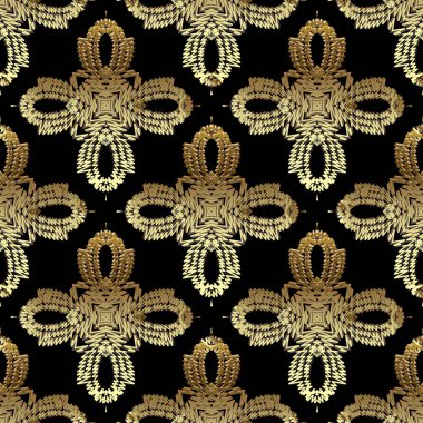 Kalıplı altın desenli çiçek deseni. Yüzeyde duvar halısı var. Antika nakış süslemeleri. İşlenmiş altın çiçekler, yapraklar. Dikiş zigzag çizgileri. Uçsuz bucaksız bir doku. Dekorasyon tasarımı.