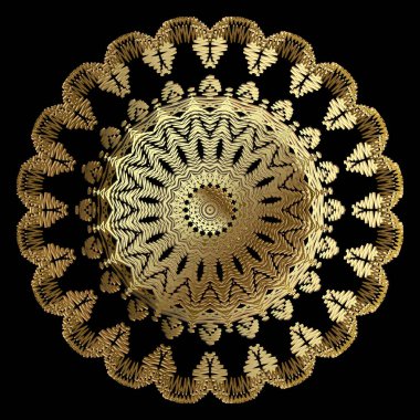Dokulu altın mandala desenli. Süslü duvar halısı çiçekli arka plan. Barok işlemeli yuvarlak süsler. İşlenmiş altın çiçekler, yapraklar. Grunge dokusu. Lüks dantelli tasarım. Vektör.