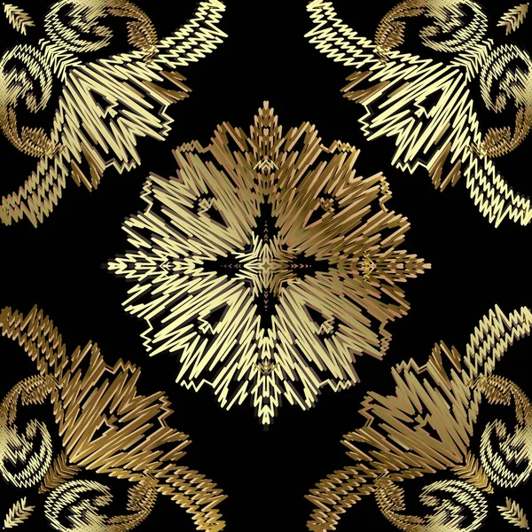 ヴィンテージゴールドのシームレスなパターンをテクスチャ 装飾的な表面のタペストリーの背景 バロック様式の刺繍飾り 刺繍された花 ジグザグラインをステッチします 歯ざわりだ オーナーデザイン — ストックベクタ
