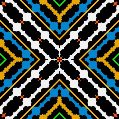 Renkli çizgili, kusursuz vektör deseni. Geometrik kabile etnik geçmişi. Soyut tekrarlama arkaplanı. Geometrik şekiller, eşkenar dörtgen, çerçeveler, çizgiler, çizgiler. Dekoratif tasarım. Modern süsler.