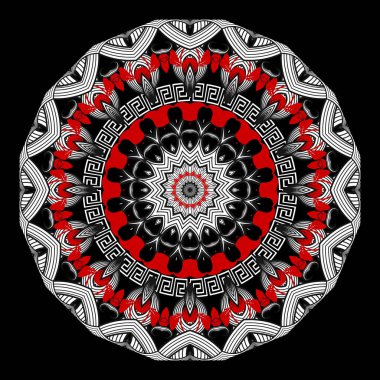 Siyah beyaz, kırmızı, Yunan vektör mandala deseni. Süslü çiçek arkaplanı. Etnik kabile tarzı arka plan. Yunanlı anahtarcılar süs eşyalarının etrafını sarar. Çiçekler ve yapraklarla dekoratif soyut tasarım