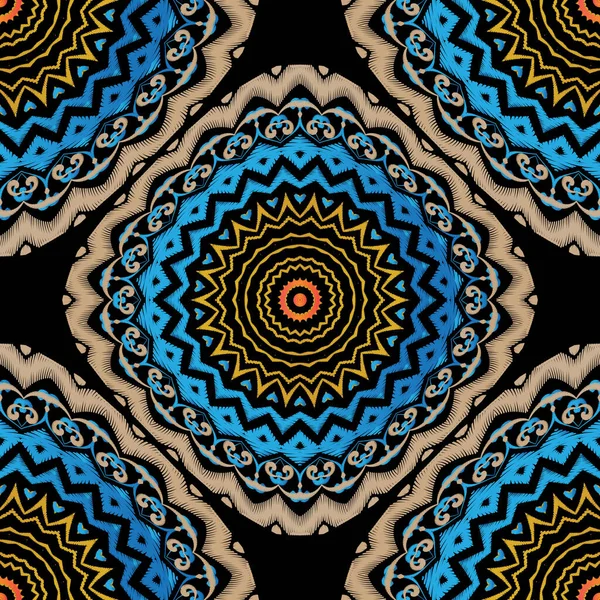 カラフルな部族のマンダラシームレスなパターンをテクスチャ 装飾的なタペストリーベクトルの背景 刺繍民族の装飾品 刺繍の質感 グランジ抽象幾何学的なデザイン 華やかな背景を繰り返す — ストックベクタ