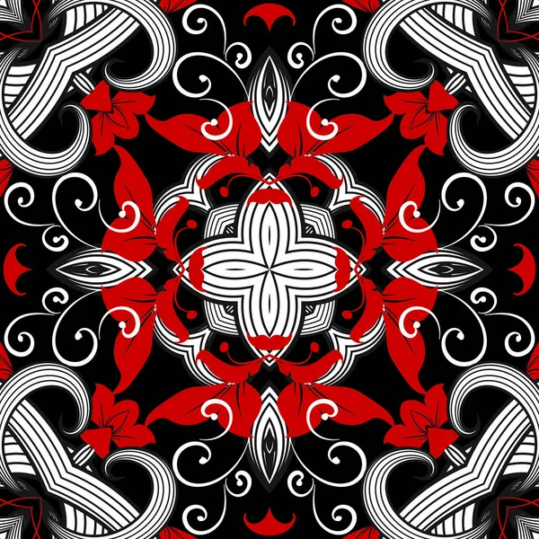 Black white red vintage vector seamless pattern. Ornamental floral background. Ethnic tribal style repeat backdrop. Symmetrical modern ornaments. Decorative design with lines, shapes, flowers, leaves — Stock Vector