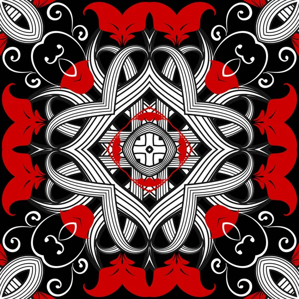 Zwart wit rood vintage vector naadloos patroon. Decoratieve bloemen achtergrond. Etnische stamstijl herhalen achtergrond. Symmetrische moderne ornamenten. Decoratief ontwerp met lijnen, vormen, bloemen, bladeren — Stockvector