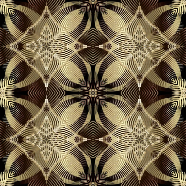 Gold Luxus 3D abstrakte Vektor nahtlose Muster. Ornamentale radiale Formen Hintergrund. Fraktale Linie Kunst Tracery Oberfläche Ornament. Texturierter geometrischer Wiederholungshintergrund. Modernes gestreiftes florales Design — Stockvektor