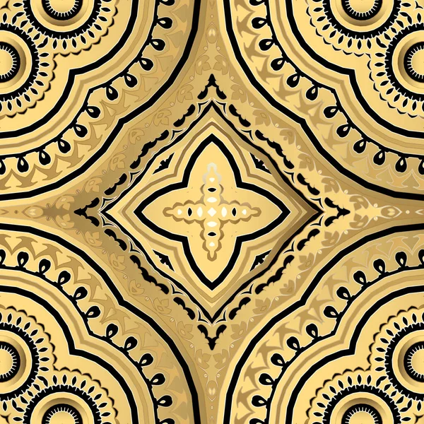 Colorido patrón inconsútil vector étnico. Fondo floral ornamental. Fondo de repetición tribal. Adornos arabescos modernos simétricos. Diseño decorativo con mandalas, líneas, formas, flores, hojas — Archivo Imágenes Vectoriales