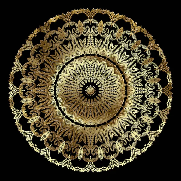 ヴィンテージゴールドマンダラパターンをテクスチャ。装飾的なタペストリーの花の背景。バロック様式の刺繍丸飾り。刺繍された黄金の花、葉。歯ざわりだ。華やかな高級感のあるレースデザイン。ベクトル — ストックベクタ