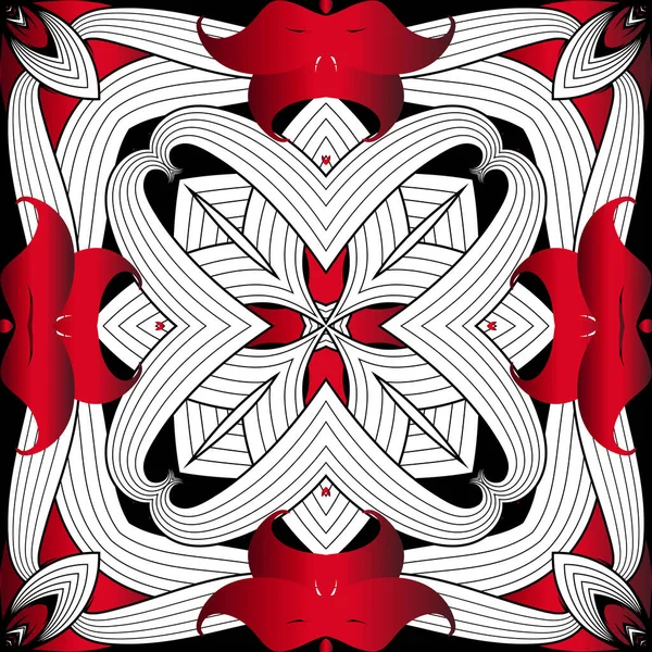 Merah hitam abstrak merah vektor pola mulus. Latar belakang bunga hiasan. Gaya etnis latar belakang pengulangan. Ornamen modern yang simetris. Desain dekoratif dengan garis, bentuk, bunga, daun - Stok Vektor