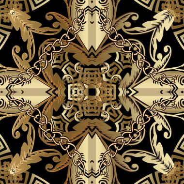 Barok süslemeli altın taşıyıcı kusursuz desen. Yunan tarzı dekoratif arka plan. Yunan anahtarcı süslemeleri. Klasik çiçekler, yapraklar, şekiller, zincirler. Arka plan tekrarlandı. Lüks kraliyet tasarımı