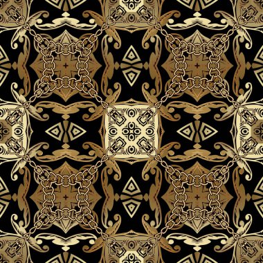 Barok süslemeli altın taşıyıcı kusursuz desen. Yunan tarzı dekoratif arka plan. Yunan anahtarcı süslemeleri. Klasik çiçekler, yapraklar, şekiller, zincirler. Arka plan tekrarlandı. Lüks kraliyet tasarımı