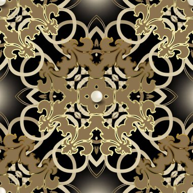 Barok vektör kusursuz desen. Mücevher çiçeği, Damask geçmişi. Parlak arkaplanı tekrarla. Antika Viktorya tarzı altın süsler. Klasik çiçekler, yapraklar. 3D inci değerli taşlar. Süslü zarif tasarım