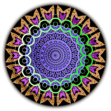 Renkli Yunan vektör mandala deseni. Süslü çiçek arkaplanı. Etnik kabile tarzı arka plan. Yuvarlak dantelli Yunan anahtar süsü. Çizgiler, şekiller, çiçekler ve yapraklarla dekoratif parlak tasarım