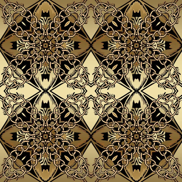 Vector barroco patrón sin costura. Fondo de damasco floral. Repite el colorido telón de fondo. Antiguo estilo renacentista victoriano adornos de oro. Flores vintage, hojas, cadenas. Hermoso diseño adornado — Vector de stock