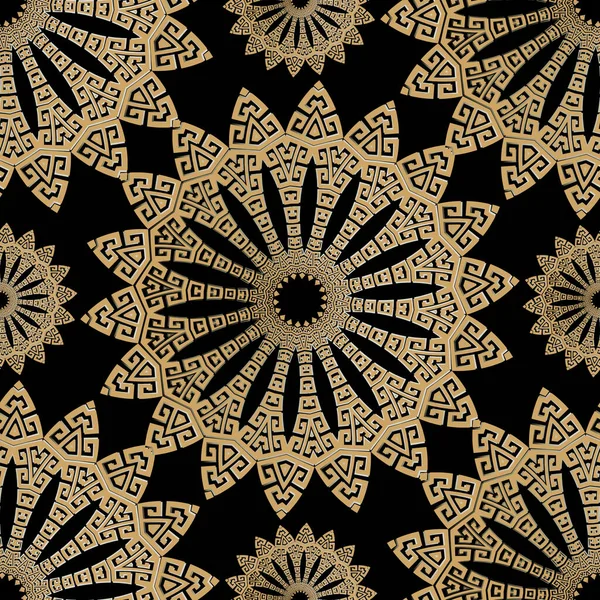 Vintage sem costura padrão mandalas vetor grego. Fundo floral ornamental. Cenário de estilo étnico tribal. chave grega meandros ornamentos redondos. Design abstrato decorativo com flores, folhas — Vetor de Stock