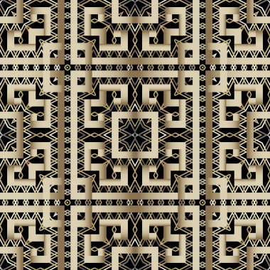 Altın Yunan stili 3d ızgara vektörsüz şablon. Süslü altın dantelli zig zag arka plan. Yunan anahtar çerçeve, şekil, kare, zigzag. Ekose desenli tekrar süsü. Geometrik dekoratif tasarım.