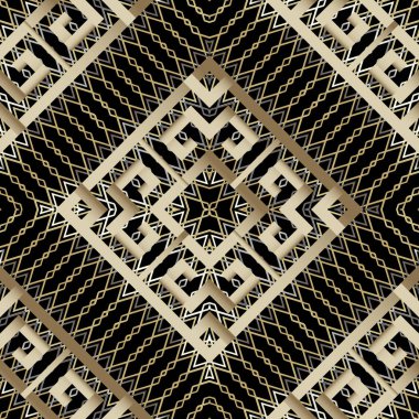 Altın Yunan stili 3d ızgara vektörsüz şablon. Süslü altın dantelli zig zag arka plan. Yunan anahtarlı eşkenar dörtgen çerçeveler, şekiller, zikzak. Ekose desenli tekrar süsü. Geometrik dekoratif tasarım.