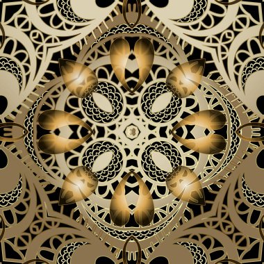 Süslü altın çiçekli 3d vektörsüz desen. Süslü modern arka plan. Doğulu klasik Paisley süslemeleri. Yüzey altın desenli dantel dokusu. Etnik tarz altın soyut çiçekler, şekiller.