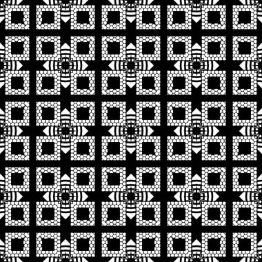 Geometrik kareler vektörsüz desen. Desenli ızgara soyut ekose arkaplan. Siyah ve beyaz arka planı tekrarla. Simetrik kabile süslemeleri. Geometrik şekiller, kareler, çizgiler, eşkenar dörtgenler.