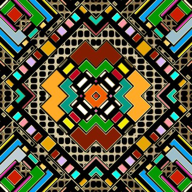 Renkli geometrik çizgili vektör dikişsiz desen. Yapılandırılmış ızgara soyut altın arkaplan. Parlak dantel arka plan. Modern süslemeli simetrik kabile süsleri. Geometrik şekiller, çizgiler, çizgiler.