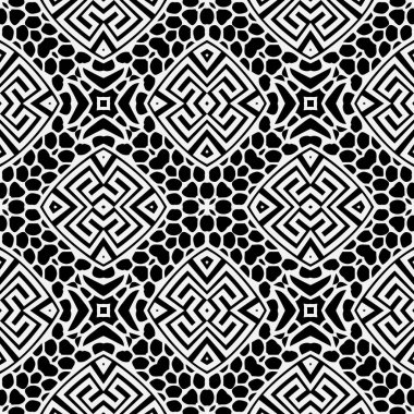 Dantelli Yunanlı vektör kusursuz desen. Süslü siyah beyaz dantel kabile geçmişi. Klasik simetrik Yunan süsü. Geometrik desenli doku. Etnik tarz soyut çiçekler, şekiller, çizgiler.
