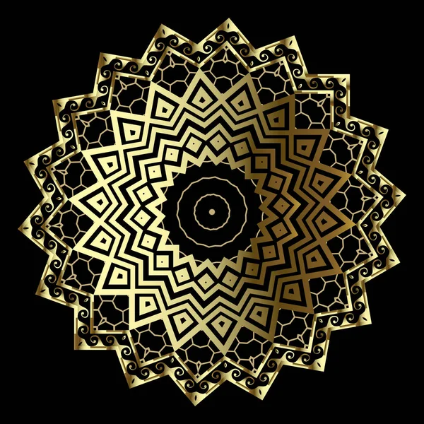 金ギリシャスタイルの3次元グリッドベクトルマンダラパターン 装飾的な黄金のレースジグザグの背景 ギリシャ語のキーは 丸いフレーム ジグザグ 円を意味します 繰り返しの装飾を織物 幾何学的な華やかなデザイン — ストックベクタ