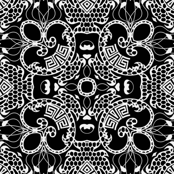 レース花ベクトルシームレスパターン 観賞用の黒と白の背景 ヴィンテージギリシャの飾り レースデザイン 対称的な柄の質感 エスニックスタイルの抽象的なレースの花 — ストックベクタ