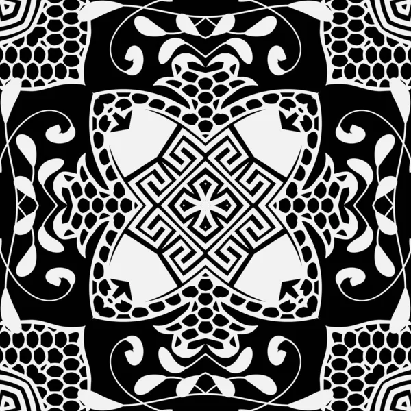 レースの花ベクトルシームレスパターン 観賞用黒と白のベクトルの背景 ヴィンテージギリシャの飾り レースデザイン エレガンス柄の質感 エスニックスタイルの抽象的なレースの花 — ストックベクタ