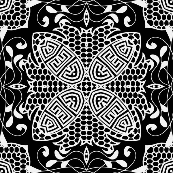 Kant Bloemen Vector Naadloos Patroon Decoratieve Zwart Wit Achtergrond Vintage — Stockvector