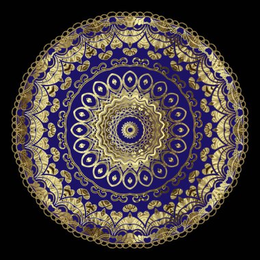 Klasik çiçekli altın 3d mandala desenli. Vektör lüks süs arka planı. Güzel dekoratif arka plan. Yuvarlak grunge Barok tarzı süs. Arabesk desenli çiçekler, yapraklar, çerçeveler, daireler, çizgiler.