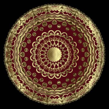 Klasik çiçekli altın 3d mandala desenli. Vektör lüks süs arka planı. Güzel dekoratif arka plan. Yuvarlak grunge Barok tarzı süs. Arabesk desenli çiçekler, yapraklar, çerçeveler, daireler, çizgiler.
