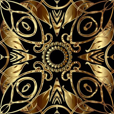 Klasik altın sarısı 3D dikişsiz desen. Vektör lüks süs arka planı. Güzel dekoratif arka plan. Grunge Barok tarzı süs. Arabesk desenli altın çiçekler, yapraklar, daireler, çizgiler.