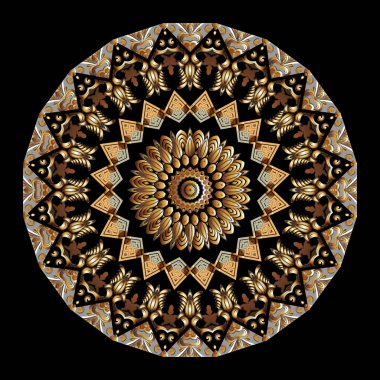 Altın 3d Yunan vektör mandala desenini eski çiçek süsüyle süslemek. Etnik tarzda altın desenli çiçekler, yapraklar. Yunan anahtarı, avare. Zigzag şekilleri, çizgiler. Dekoratif zarif geometrik tasarım.