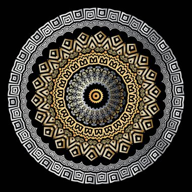 Yunan vektör yuvarlak mandala desenli etnik tarz soyut çiçek. Yunan anahtarı, gezgin çiçekli süsler. Zigzag şekilleri, çizgiler, semboller, işaretler. Dekoratif geometrik modern tasarım. Çember çerçeveler, sınırlar.
