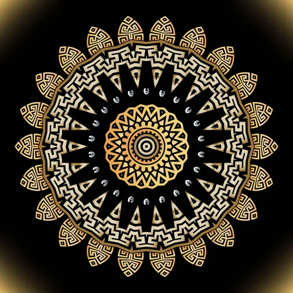 花の黄金の丸いベクトルマンダラパターン ギリシャの装飾輝く背景 部族的な民族スタイルの幾何学的なデザイン ギリシャ語のキーはヴィンテージの装飾を意味します 抽象的なひまわり オレンジイラスト — ストックベクタ