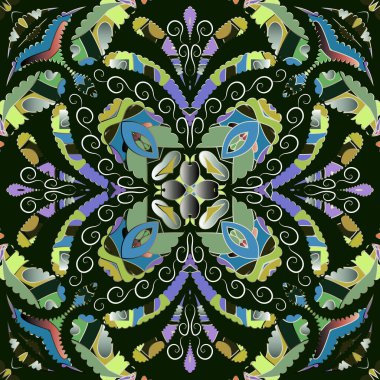 Süslü çiçekli paisley desensiz. Renkli etnik geçmişi var. Yeşil renklerle dekoratif modern arka planı tekrarla. Soyut desenli desenli desenli çiçek süsü. Güzel zarif dekoratif tasarım.