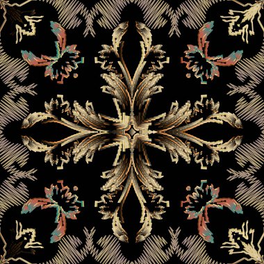 Barok 3D kusursuz desen. Dokulu vektör duvar halısı arka planı. Çiçek arkaplanını tekrar et. Yüzey barok Viktorya tarzı nakış süslemeleri. Çiçeklerle, yapraklarla, zikzak çizgileriyle işlenmiş tasarım..