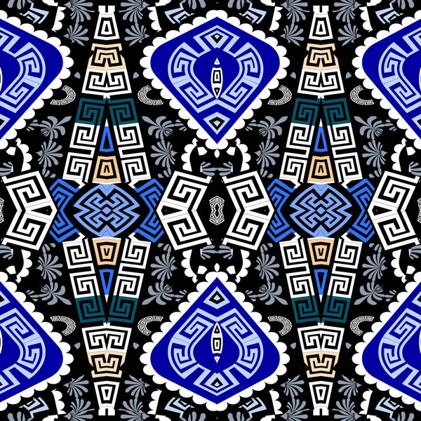 カラフルなギリシャのシームレスなパターン 幾何学的な花のベクトルの背景 現代の抽象ギリシャ語のキーは 幾何学的な形状 菱形の装飾を意味します 伝統的な部族スタイルのデザインを繰り返し — ストックベクタ