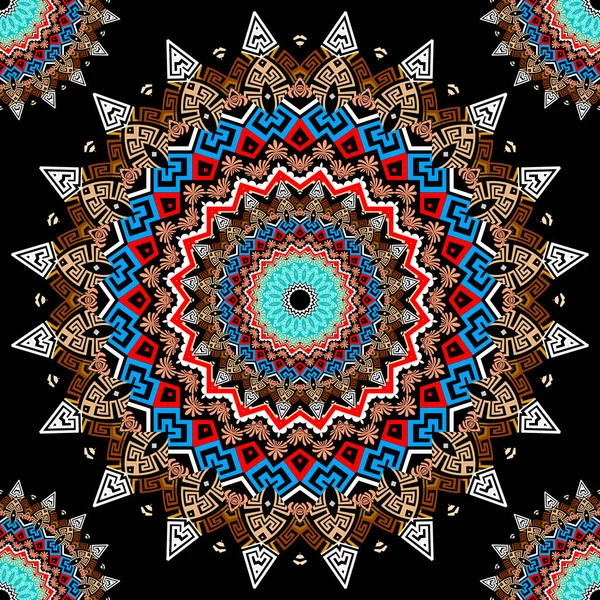 Patrón Inconsútil Mandalas Griegas Colorido Ornamental Floral Vector Folklórico Fondo — Archivo Imágenes Vectoriales