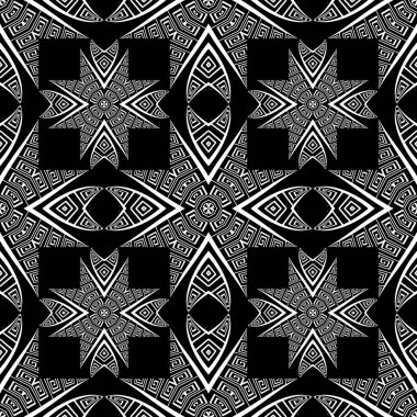 Siyah ve beyaz grunge, Yunan tarzı, kusursuz bir model. Süslü geometrik etnik arka plan. Tek renkli soyut tekrarlanan kabile arkaplanı. Geometrik modern süslemeli Yunan anahtar yol yordam süsü