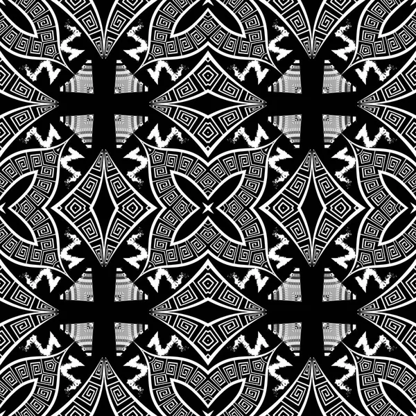 黒と白のグランジギリシャスタイルのベクトルシームレスなパターン。装飾的な幾何学的民族的背景。モノクロームの抽象的な繰り返し部族の背景。幾何学的な現代の華やかなギリシャの鍵は装飾を意味する — ストックベクタ