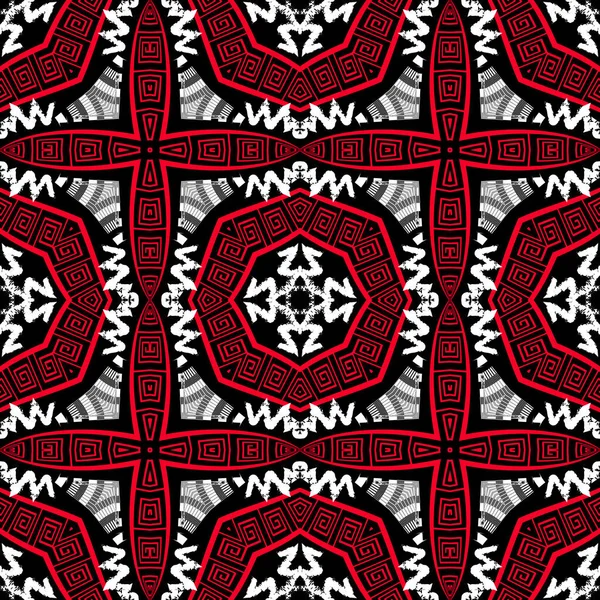 Floral schwarz weiß rot grunge griechischer Vektor nahtloses Muster. Ornamentale geometrische ethnische Hintergrund. Abstrakte Wiederholung Stammeskulisse. Geometrische moderne verzierte griechische Schlüssel mäandert Ornament. Zickzack — Stockvektor
