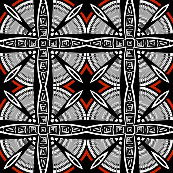 Floral preto branco vermelho grunge grego vetor sem costura padrão. Fundo étnico geométrico ornamental. Repetição abstrato fundo tribal. Geométrico moderno ornamentado grego chave meandros ornamento —  Vetores de Stock