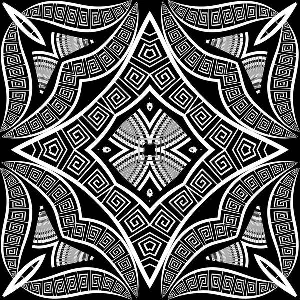 花黒と白のグランジギリシャのベクトルシームレスなパターン。装飾的な幾何学的民族的背景。モノクロームの抽象的な繰り返し部族の背景。幾何学的な現代の華やかなギリシャの鍵は装飾を意味する — ストックベクタ